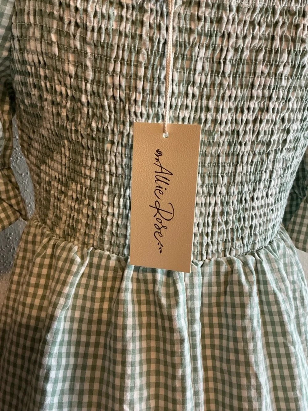 Smocked Gingham Mini Dress in Sage Green - Picture 7 of 8